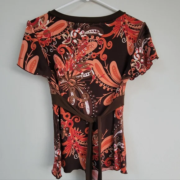 A. Byer Y2K Faux Wrap Babydoll Floral Chocolate Brown Women's Top Size M 90's - Picture 5 of 9